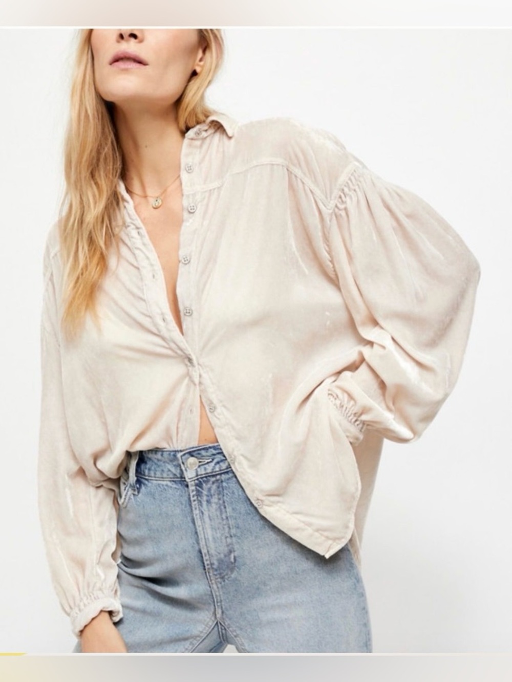 Free People Cream Velvet Button-Down Blouse
